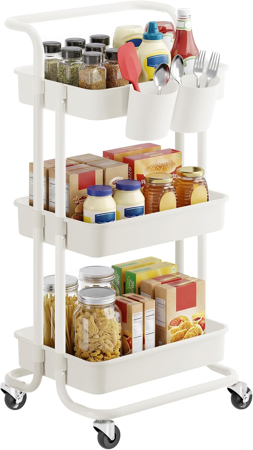 SONGMICS - chariot de rangement 3 niveaux - blanc - 2 pots, 2 freins, poignée, paniers plastiques - BSC067W01