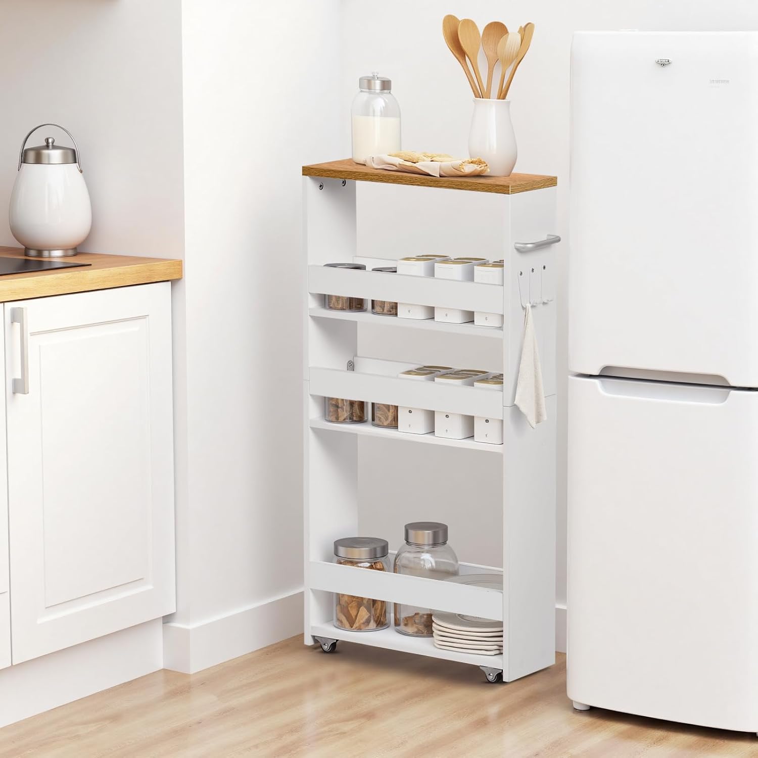 Desserte à roulettes - 4 niveaux, 40x15x80 cm, chêne clair & blanc, poignée et roulettes