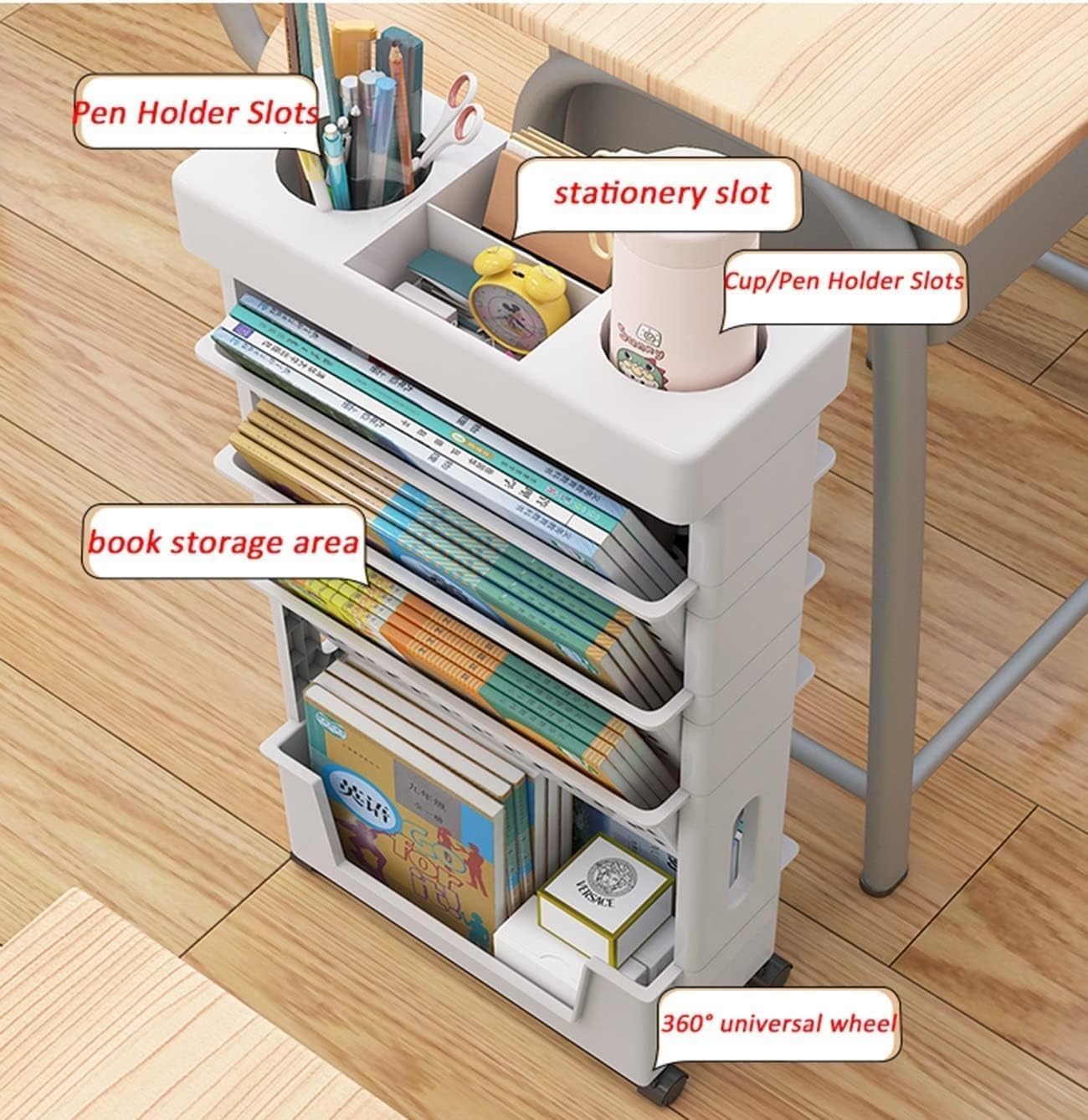 Étagère de bureau mobile - 5 niveaux - roulettes - rangement fin, organisateur porte-revues - pour classe, maison, cuisi