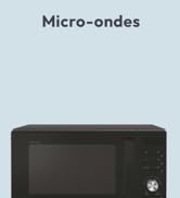 Le texte indique « Microondes ». Four à micro-ondes noir affiché sur fond bleu clair avec affichage numérique.