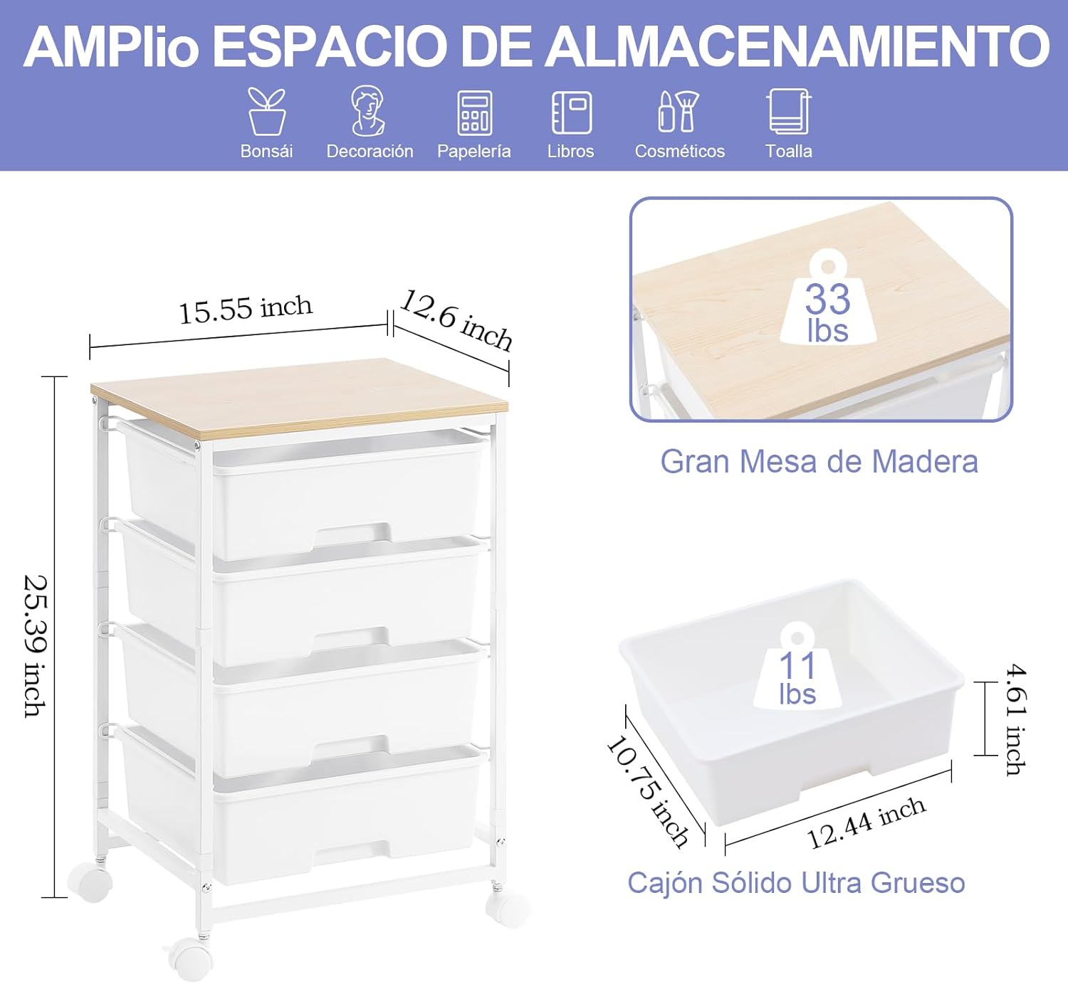 Chariot de rangement - 4 tiroirs, roulettes, plateau bois, blanc, grande capacité, cuisine/salon, 60x40x80 cm