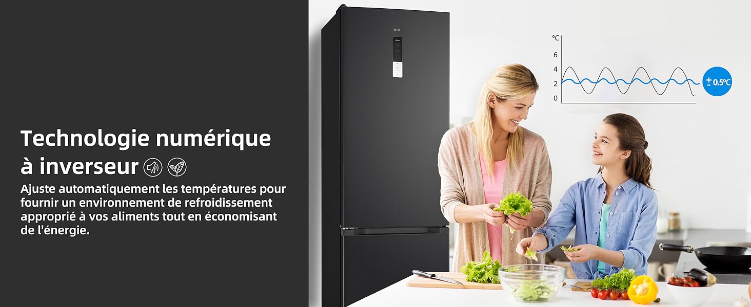 Réfrigérateur noir avec affichage numérique à côté de l'image de personnes dans la cuisine. Le texte décrit la technologie de réglage automatique de la température.