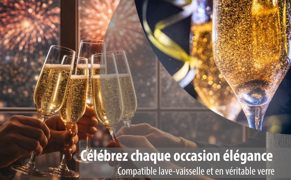 Le texte se lit comme suit : « Célébrez chaque occasion élégante ». Série de coupes à champagne remplies de liquide scintillant doré, avec des feux d'artifice festifs et des lumières bokeh en arrière-plan.