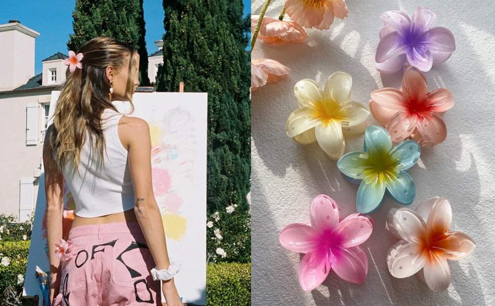 : La gauche montre une personne en haut blanc et en bas rose. La droite affiche des fleurs artificielles colorées ressemblant à du plumeria dans différentes nuances pastel