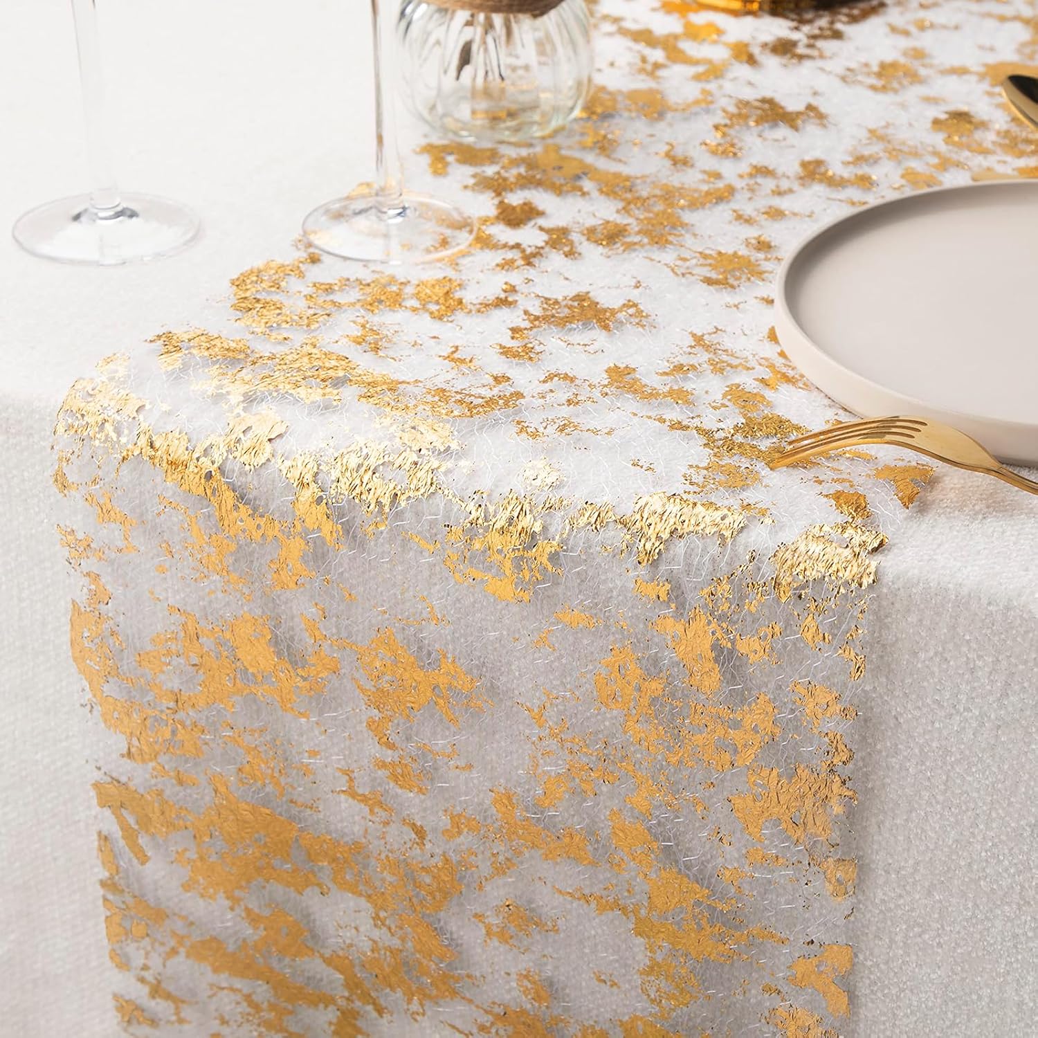 Chemin de Table Filet - feuille d'or - 28x1000cm - polyester, lot de 2
