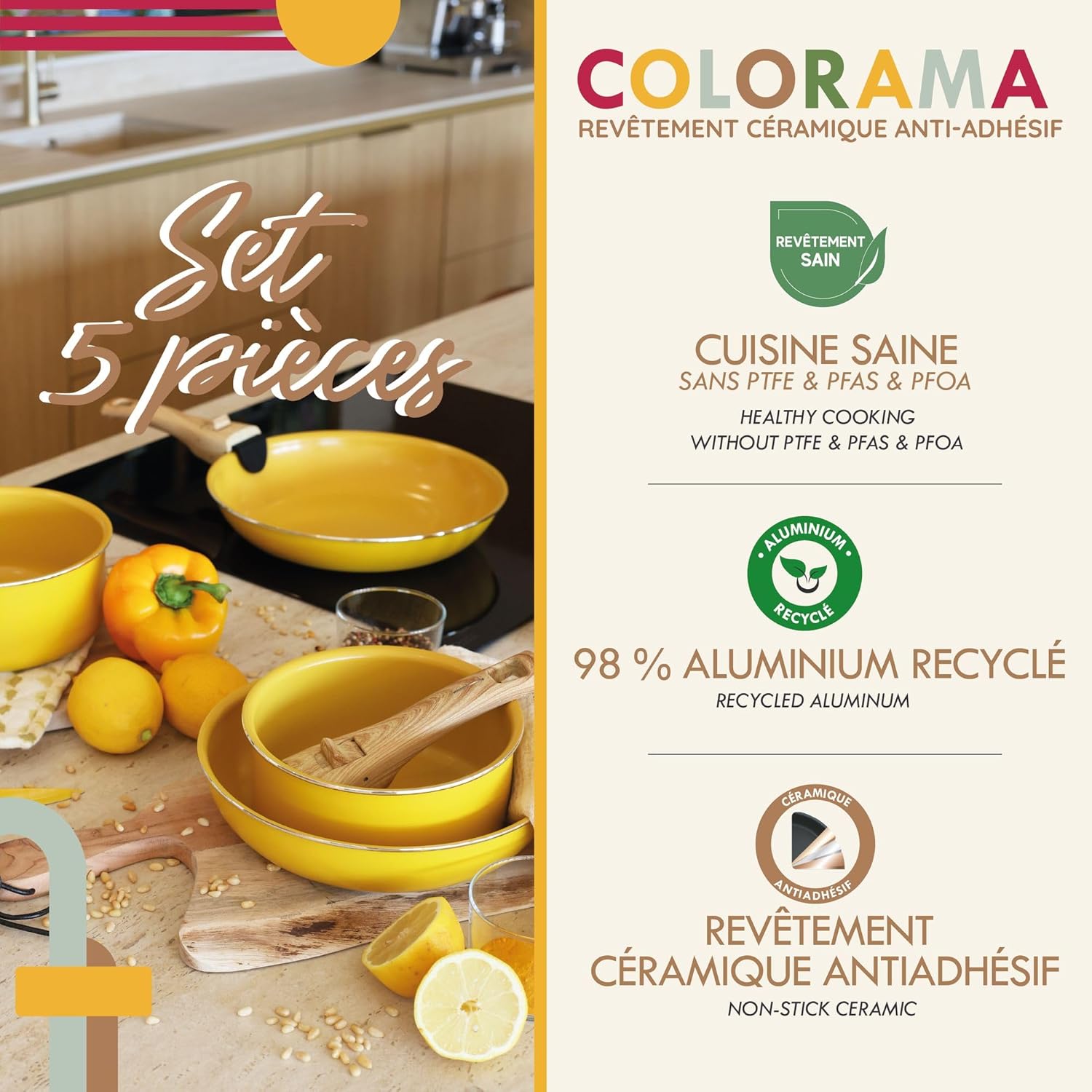 MENASTYL - Colorama - 2 poêles, 2 casseroles, poignée - céramique induction