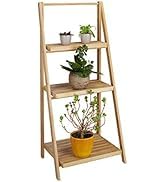 Étagère en bois de style échelle à quatre niveaux, avec construction en bambou/bois naturel. L'affichage montre des plantes décoratives et des objets sur des étagères.