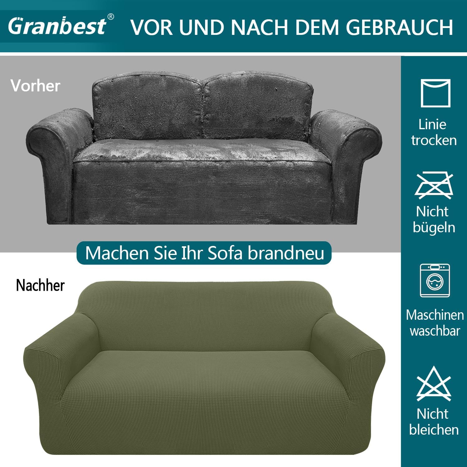 Granbest - housse de canapé jacquard extensible - 2 places - protection animaux, vert militaire