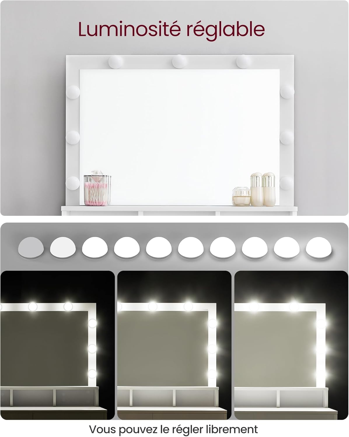 VASAGLE - Kailyn Collection - 80 cm - coiffeuse miroir lumineux, tiroirs, tabouret, RDT720W01