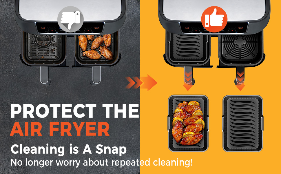 Le texte indique « PROTÉGEZ LA FRITEUSE À AIR » et « Le nettoyage est un jeu d'enfant ». Image de démonstration du produit divisée montrant une comparaison du nettoyage de la friteuse à air avec les sections sombres et claires.