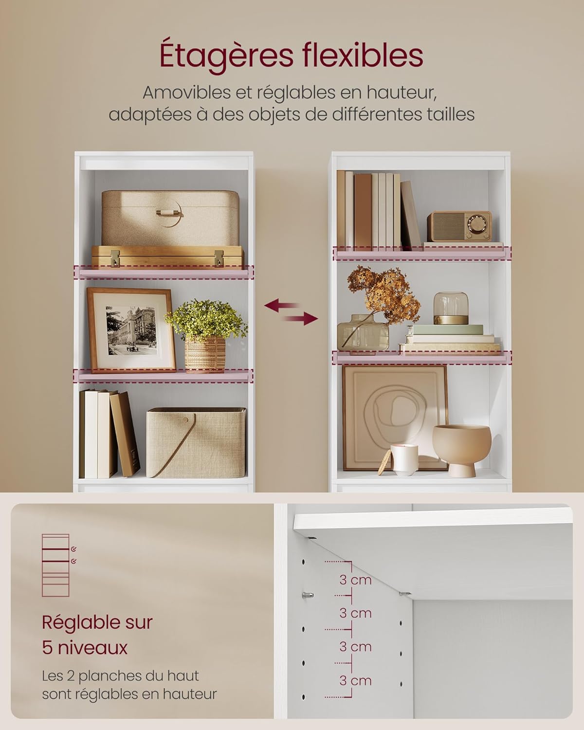 VASAGLE - Kailyn Collection bibliothèque, 180 cm, 3 tiroirs, étagères réglables, blanc, LBC188W01